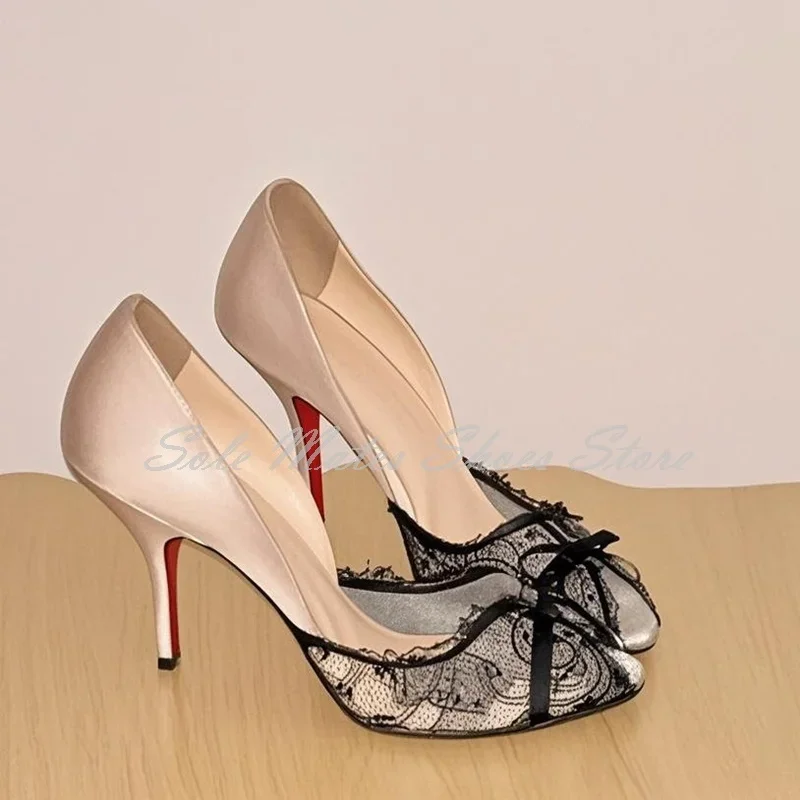 

Vintage Satin Lace Open Toe High Heel Sandals Black Lace Bowknot Design Evening Shoes Elegant Comfort Women's Pumps Wedding
