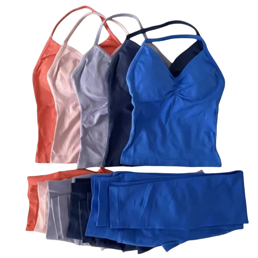 

2 Piece Yoga Sets Women's Seamless Strappy Vest &Leggings High Quality Resistance Training Gym Workout Cycling Pants Vest Set