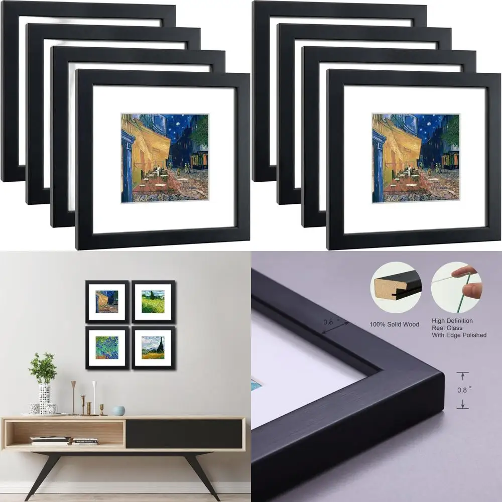 

Набор из 4 фоторамок из массива дерева 8x8 с стеклом, с матами 5x5 или без них, черные