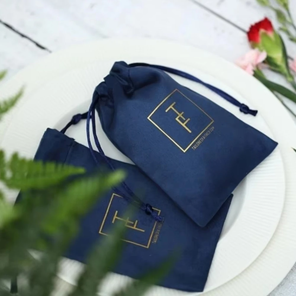 

50Pcs Personalized Logo Navy Jewelry Gift Bags Flannel Velvet Drawstring Pouches Wedding Packaging Favors Cosmetic Makeup Pocket
