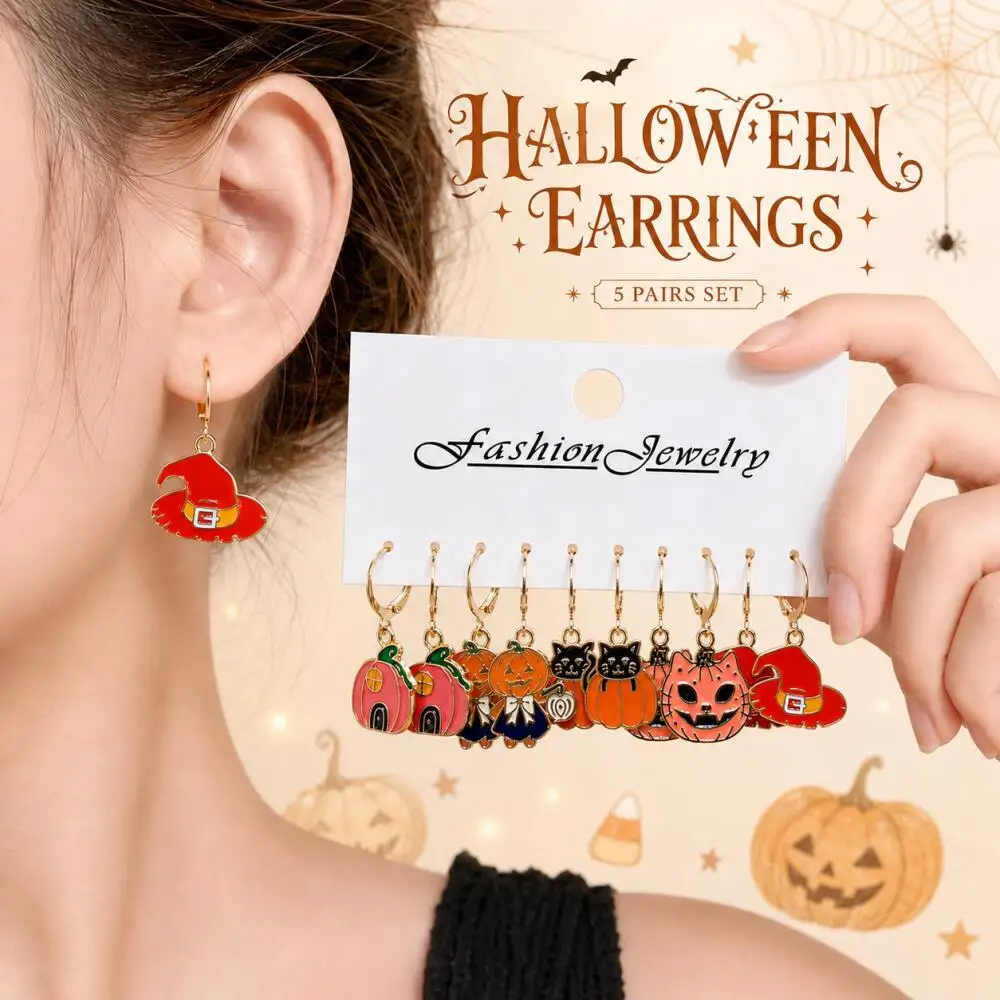 5 Pairs Halloween Hoop Earrings Pumpkin House Black Cat Cat Face Witch Hat Dangling Drop Cosplay Party Costume Jewelry Gift