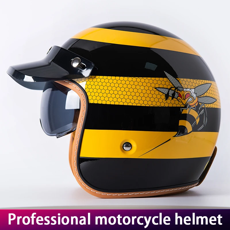 Retro Motorcycle Helmet Three-Quarter Bike Headwear for Men And Women Electric Vehicle Built-in Windshield Cruising Helmet