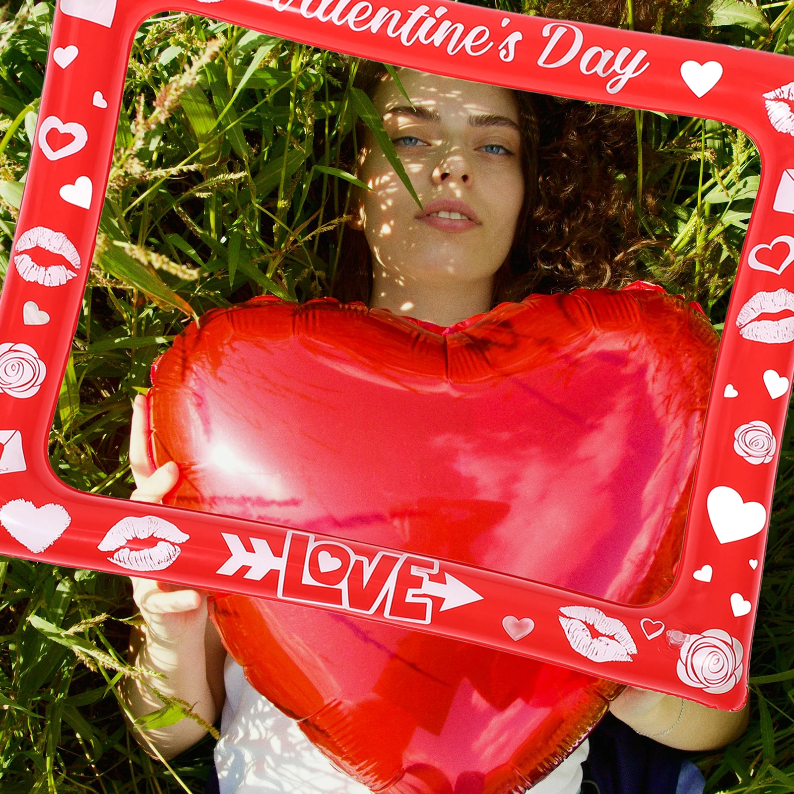 Inflatable Heart Photo Frame Party Booth Prop Double Sided Valentines Day Selfie Props Plastic Easy Setup for Events