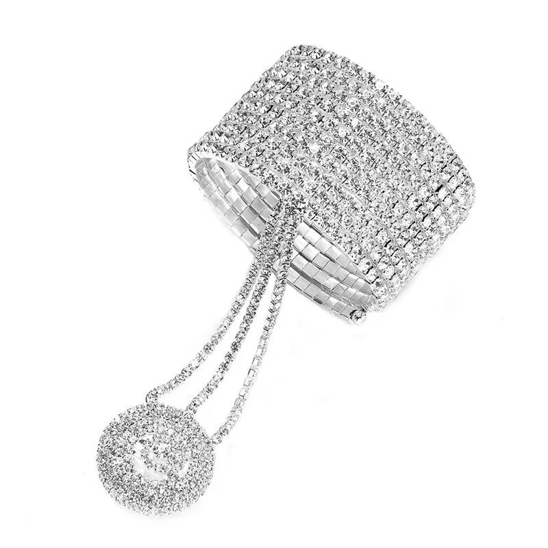 1PCS Multilayer Imitation Rhinestone Alloy Bracelet Personality Ring Integrated Hand Finger Bracelet Wedding Bridal Women Jewelr