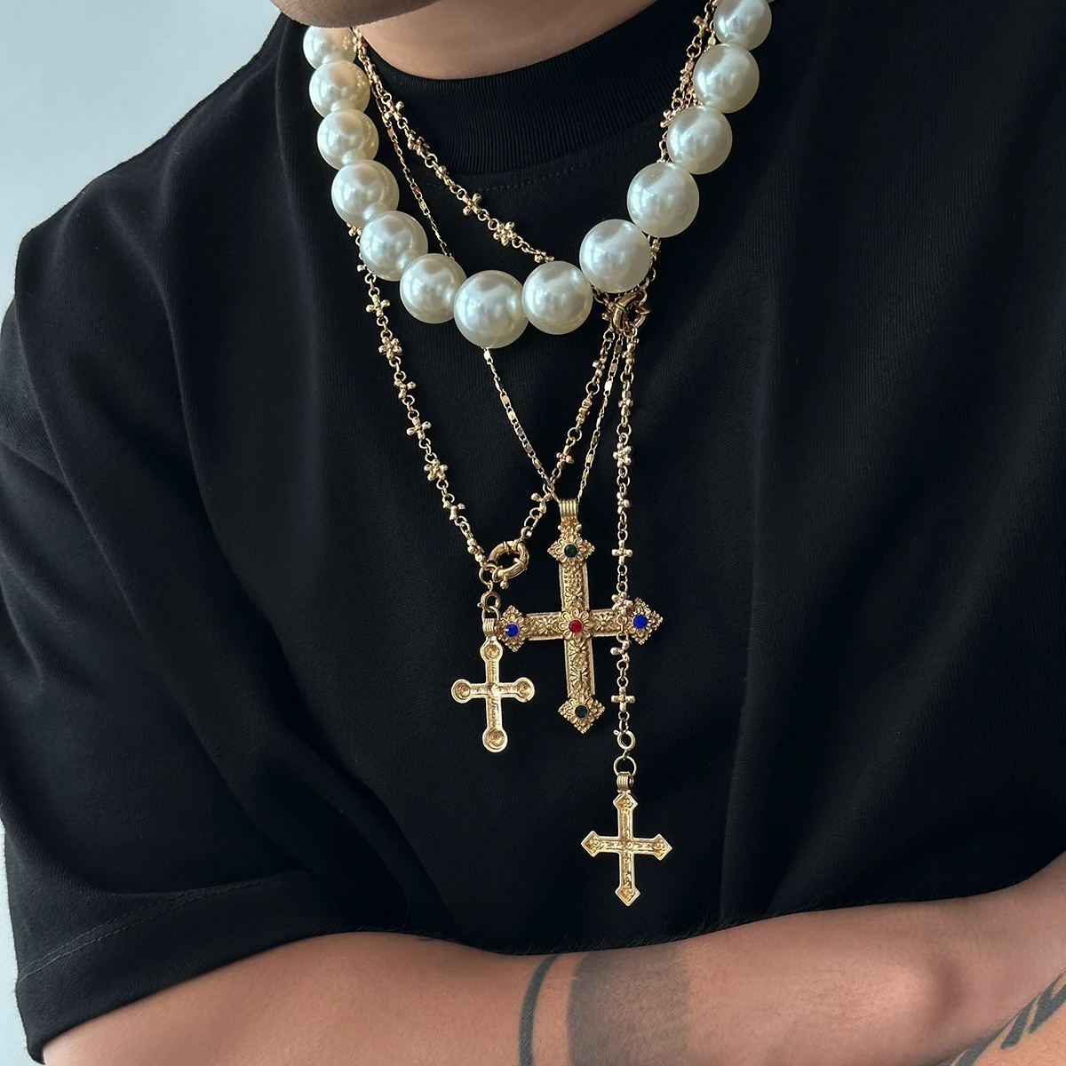 

SHIXIN Fashion Design Gold Color Jesus Cross Pendant Necklace for Men Hip Hop Imitation Pearl Beads Chokers Steampunk Jewelry