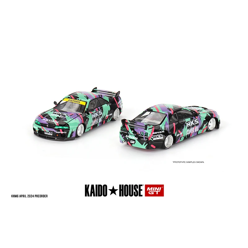 MINIGT KHMG129 1:64 Skyline GTR R33 HKS V1 เปิดHood Diecast DioramaรถKaido House