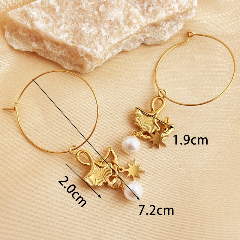 18K Gold-plated Stainless Steel Earrings Nonfading Fashionable Elegant Pearl Almond Leaf Pendant Earrings Jewelry for Women Gift