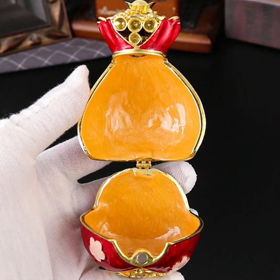 Chinese style Small Lucky Bag Shape Ring Jewelry Box Hand-Painted Enamel Red Trinket Storage Organizer Box Unique Gift for Deco