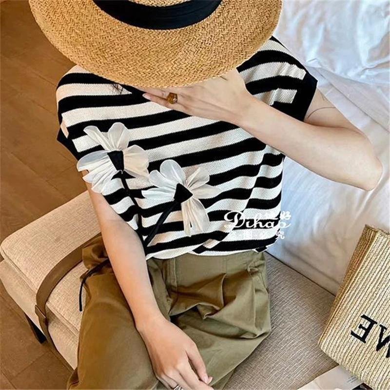 Women's Clothing 2023 Summer Trendy 3D Flower Chic Ice Silk Thin Knitted T-shirts Casual O Neck Short Sleeve Loose Pullover Tops