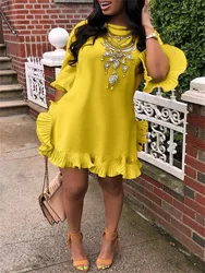 LW Sweet Plain Dresses Ruffle Design Yellow Blending Mini Dress Short-sleeve Back Zipper Flare Sleeve Yellow Fashion Streetwears