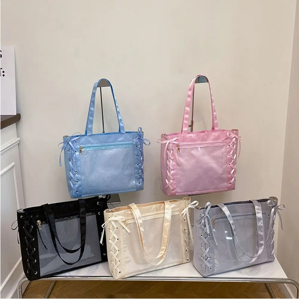 Large Capacity Sweet Ita Tote Bag Clear Front Pocket Bow Ribbon Japanese JK Ribbon Bag Multi-Purpose DIY Women Ribbon Handbag - view 2