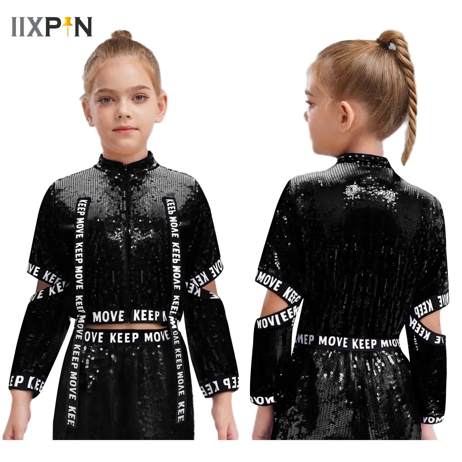 

Girls Cutout Hip-pop Jazz Dance Costume Letter Print Sequin Crop Jacket Coat Modern Performance Costume Carnival Party Dancewear