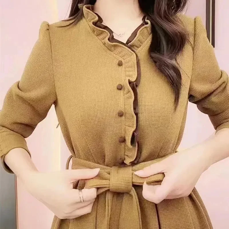 Women Dress 2025 New Korean Fashion Female  Dresses Long Sleeves Flounce Lotus leaf Collar Dress Mujer Vestidos Autumn Dress