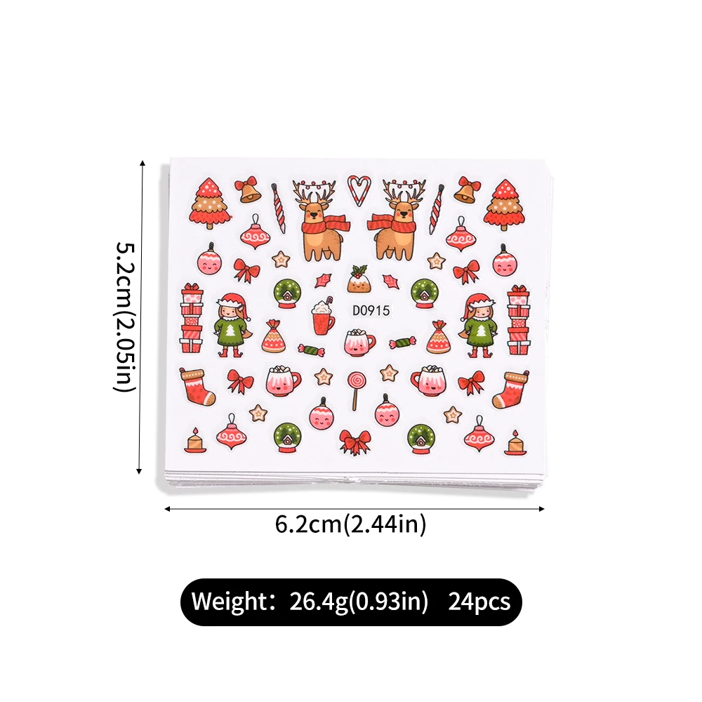 24 pezzi di cartone animato pupazzo di neve cappello da Babbo Natale adesivi per nail art rosso verde ghirlanda/fiocchi di neve/palloncini decalcomanie per unghie mini decorazioni per manicure fai da te