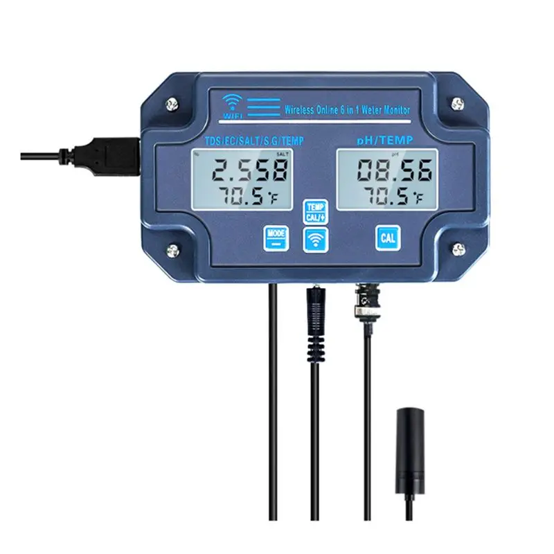 A04G-6-in-1 Digitaler Wasseranalysator PH/EC/TDS/Salz/Gesamtgewicht/Temperatur Online-WLAN-Wasserqualitätsmonitor