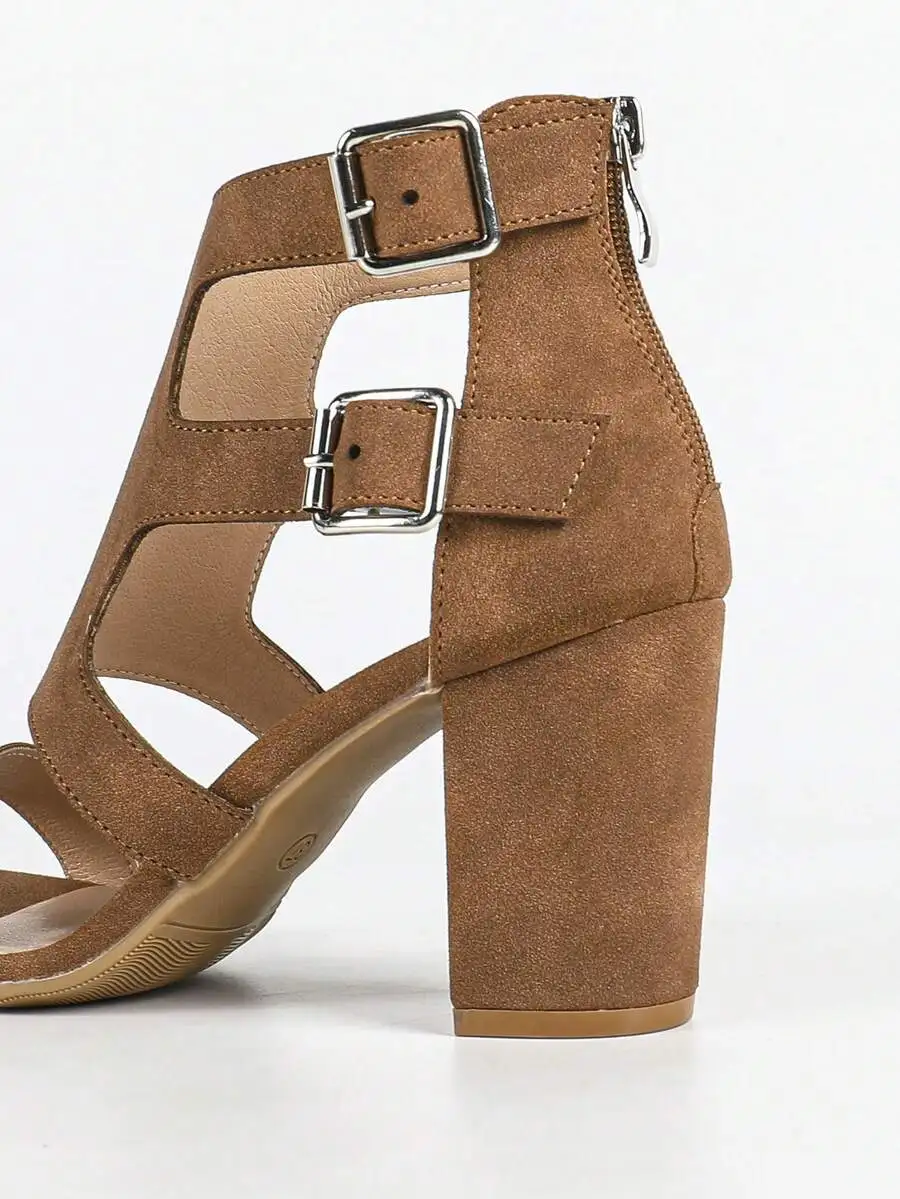 Womens Chunky Heel Gladiator Sandals Peep Toe Buckle Strap Zip Closure Dress Party Shoes