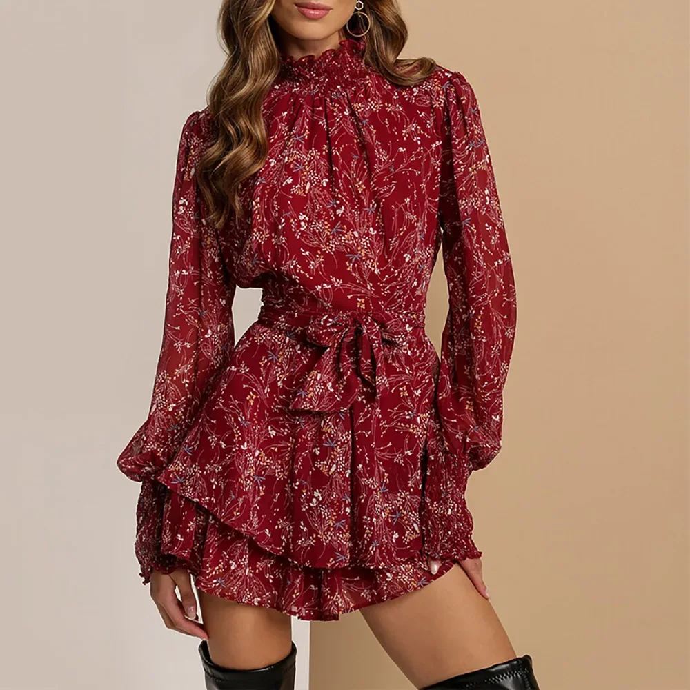 Mini Sexy Dress Women Clothing Floral Dress for Women Lace-up High Collar Collar Casual Dresses Party Nightclub Ladies Outfits