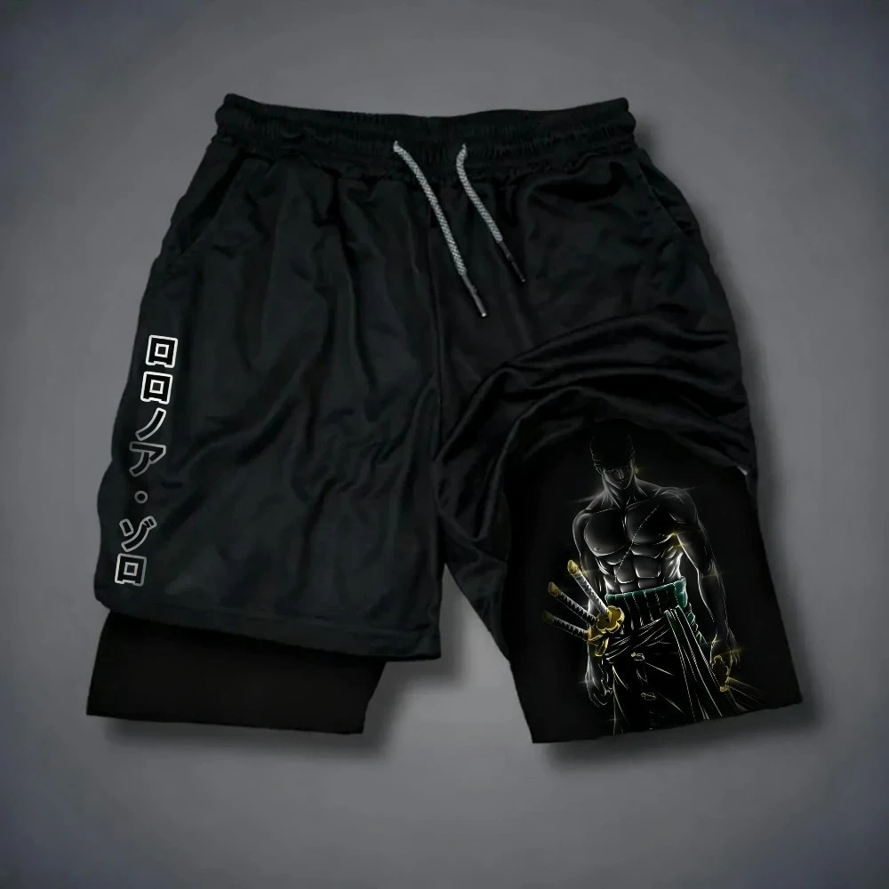 

New One Piece Anime Luffy Zoro Peripheral Printed Double-layer Shorts, Summer American Men's Sport Loose Pants