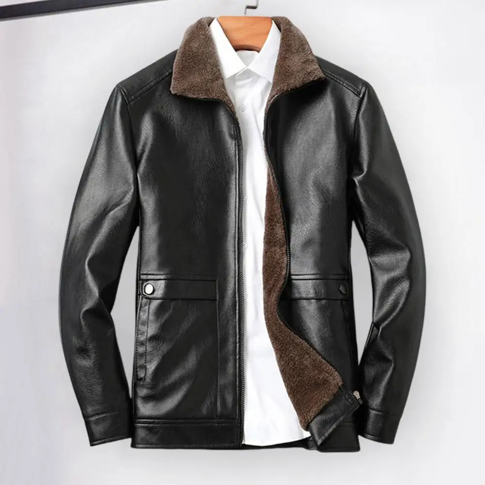 Vintage Leather Jacket Men's Winter Faux Fur Collar Windproof Warm Coat Men's Luxury Clothing Brand Plush Lining Biker Outerwear