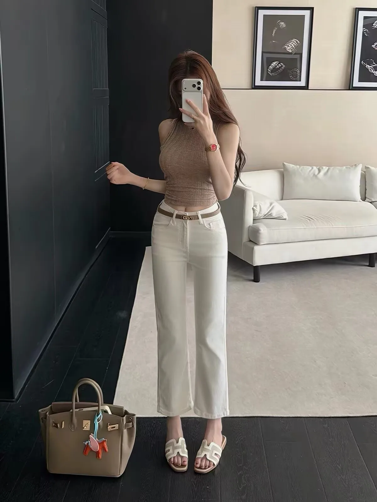 Women's Lyocell Minimalist Hip-Shaping White Cropped Straight Leg Jeans, Summer Bestseller Slim Fit Versatile Pants Without Belt