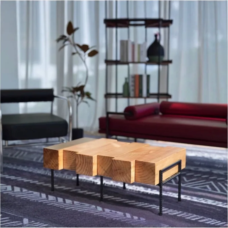 style solid wood coffee table, retro creative personalized wooden block joint coffee table, old sofa meeting guests