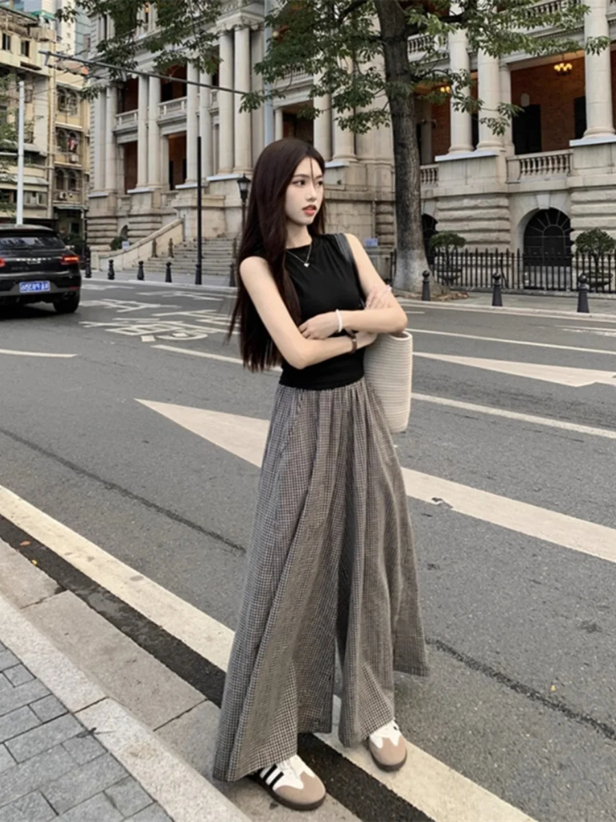 

Korean Sle High Waist Drapey Wide Leg Pants Casual Plaid Outfit Svel Tank Top Two Piece Set Faionable Summer Ensemble