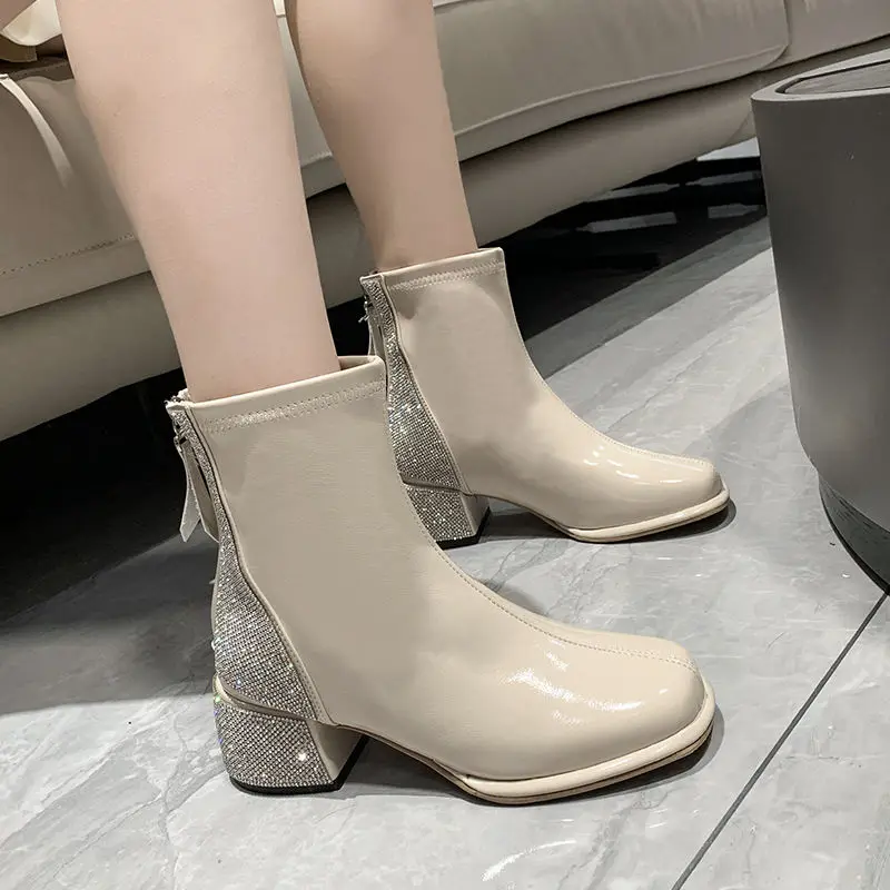 Designer Women Boots Fashion Ankle Boots for Women High Heel Square Toe Short Boots 2023 New Luxury Diamond Bling Ladies Shoes