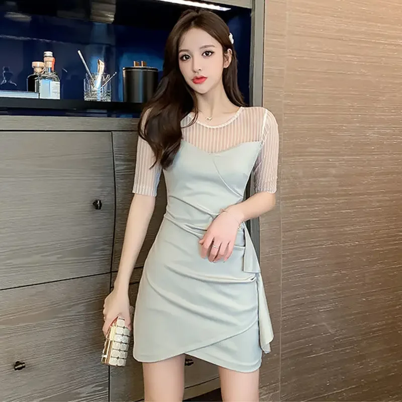 

Short Tight Female Dress Ruffle Women's Dresses Mini Bodycon Sleeve Mesh Corset Elegant Luxury Y2k Designer Chic Kpop Beach Hot
