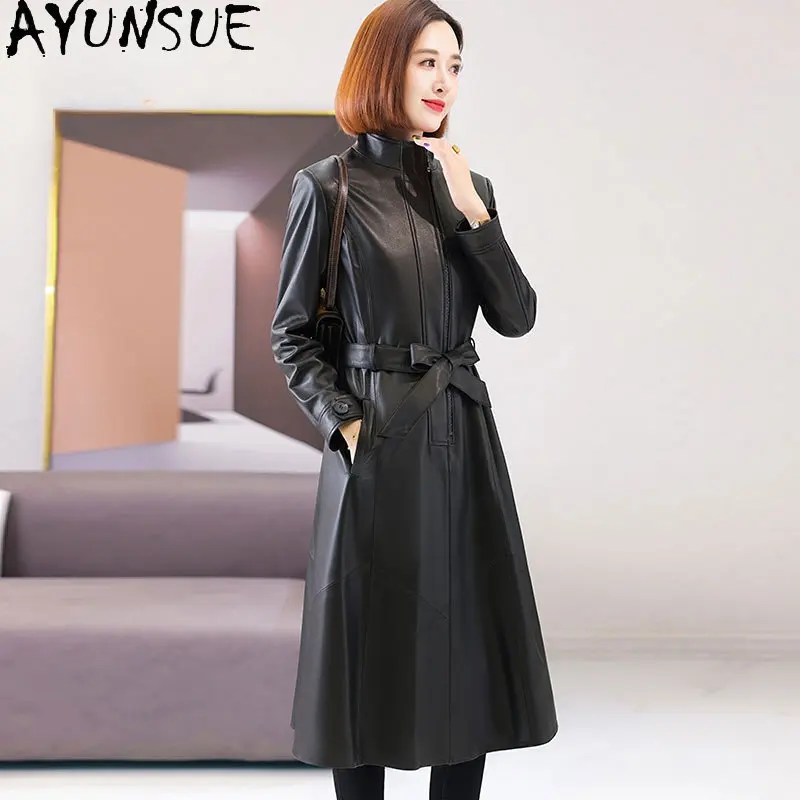 

AYUNSUE 100% Genuine Sheepskin Jacket 2023 Autumn Mid-length Leather Jackets Natural Leather Coat Korean Belt Casaca Cuero Mujer