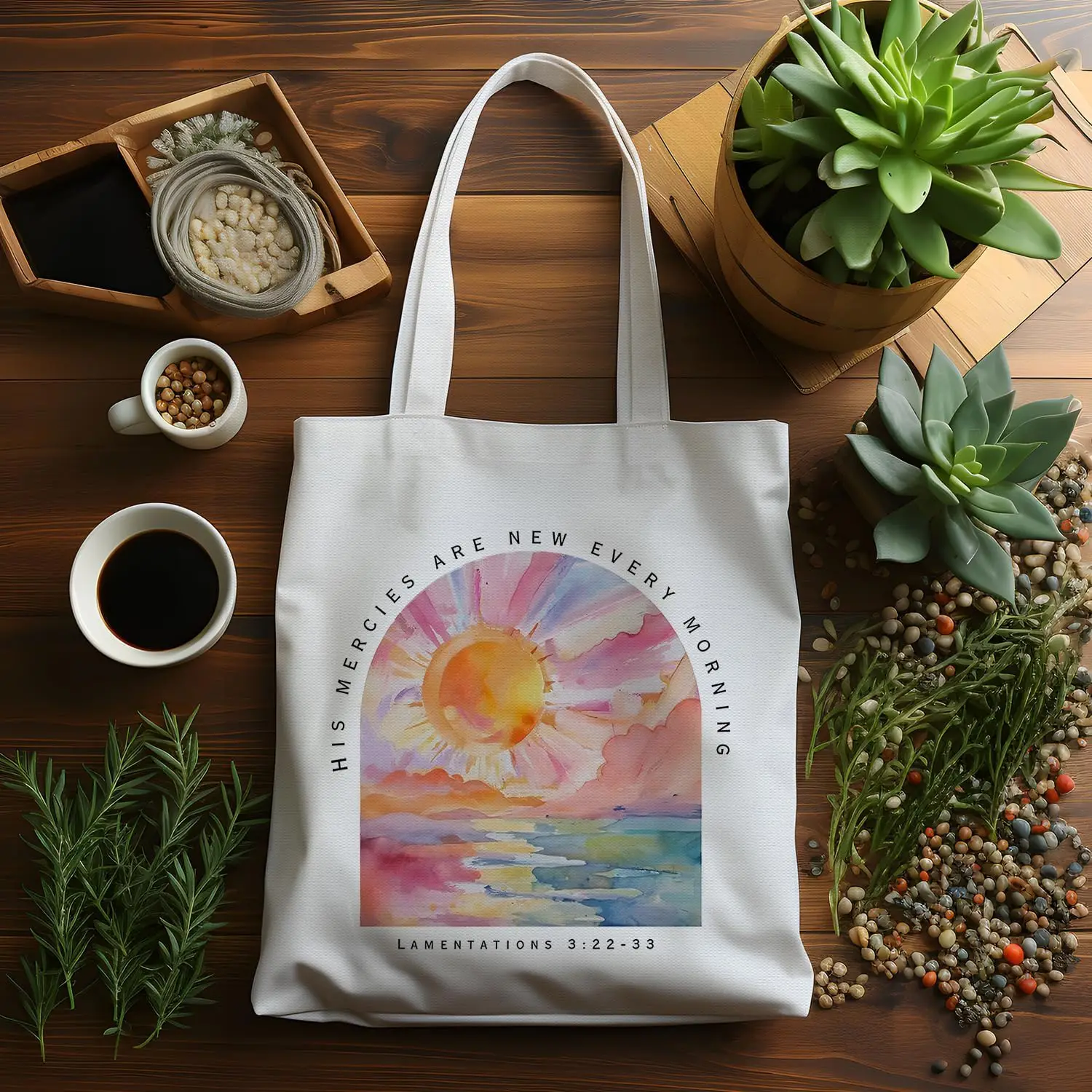 

White Canvas Handbag with Sunrise Print Pattern Reusable Women's Shoulder Bag Environmentally Friendly Daily Shopping Bag