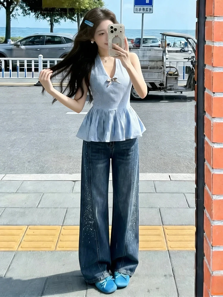 

Модные джинсы с высокой талией и стразами, женские, весна 2026, новые, прямые, широкие штанины, с эффектом похудения