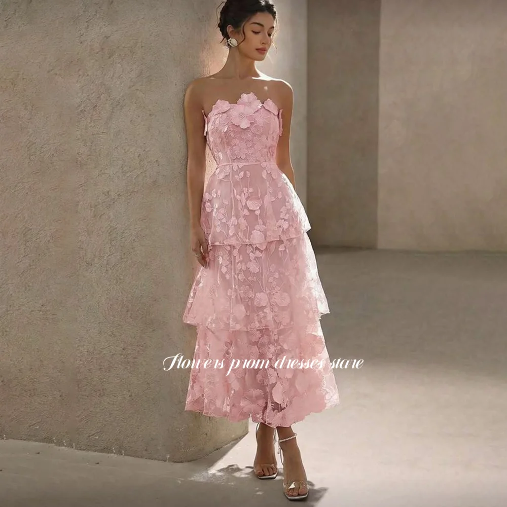 

Flowers Pink Party Dress Tea Length Prom Gowns Applique Princess Fairy Dress Strapless Gala Dress vestidos de fiesta Customized