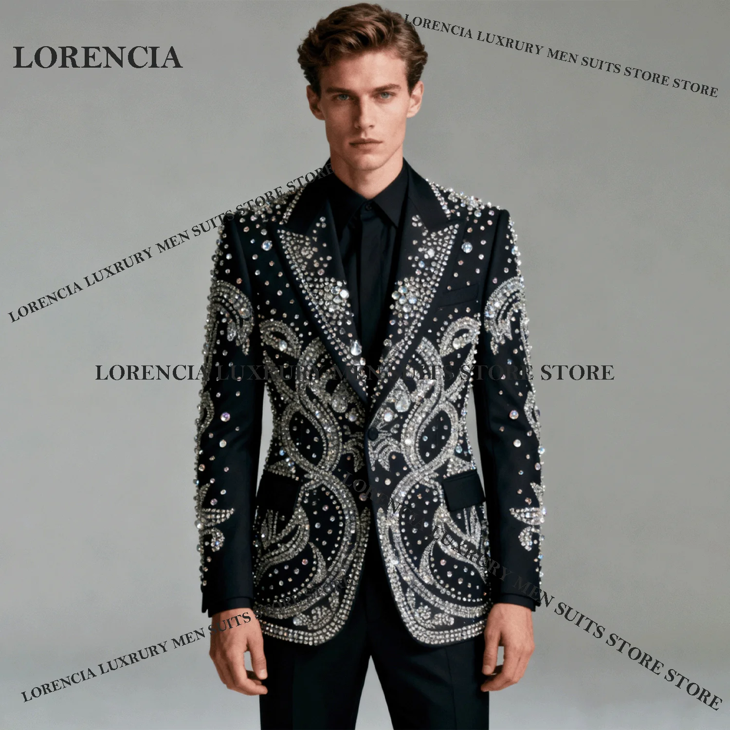 

Diamond Embellished Men Customized Suits 2 Pieces Sets Male Party Fashion Prom Blazers Peaked Lapel Groom Tuxedos Ropa Hombre