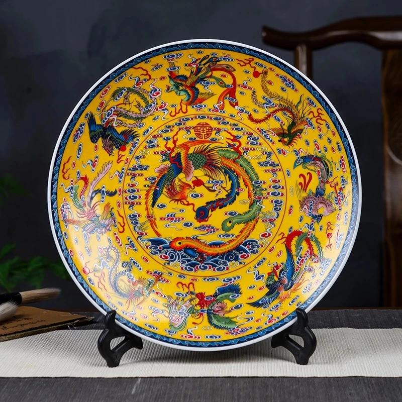 

Fengshui Art Ceramic Ornamental Plate Ancient China Nine Phoenix Decoration Wood Base Porcelain Traditional Chinese Plate Set