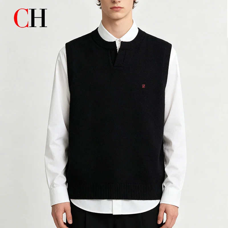 CH Men's Sleeveless Knit Sweater Vest Solid Color Casual Pullover Waistcoat Fall Layering Top