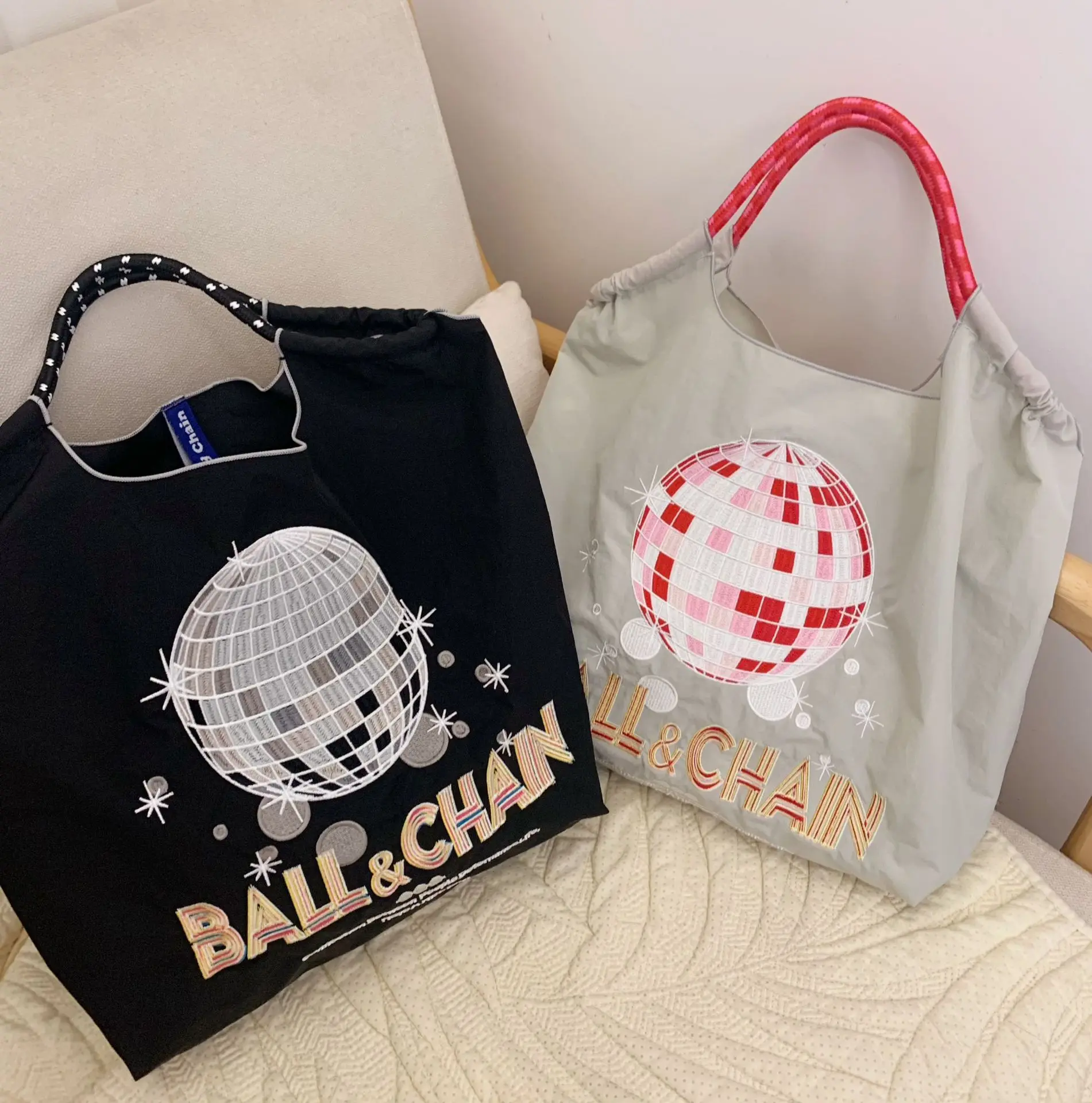 Disco Ball Embroidery Eco Bags Large Nylon Designer Bag Handbags Rope Handle Shoulder Bag Eco-friendly Shopper Purses Tote Hobo