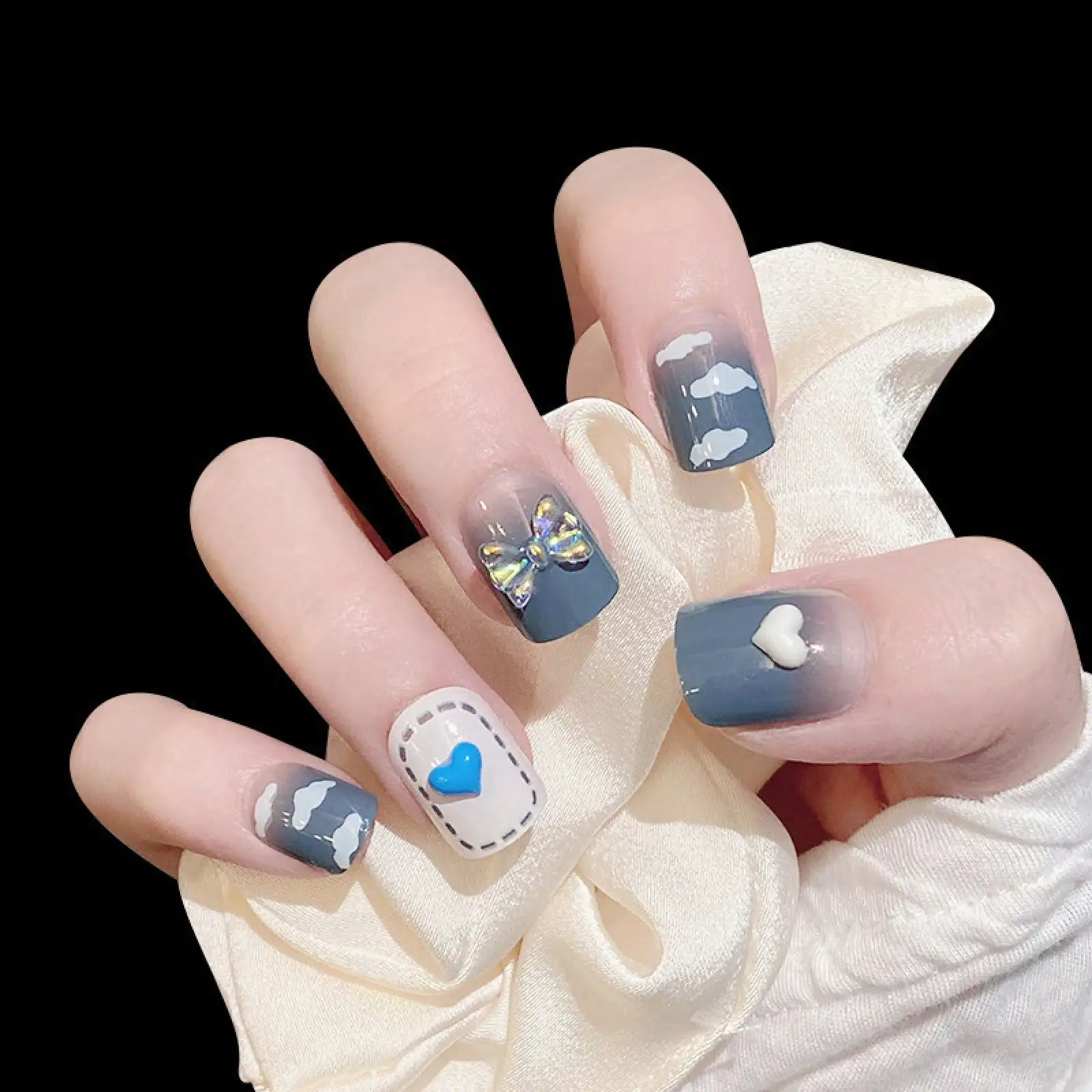 

New Minimalist Style Handmade Detachable Wearable Nails With Blue And White Gradient, Rhinestones, Bow, And Heart Designs