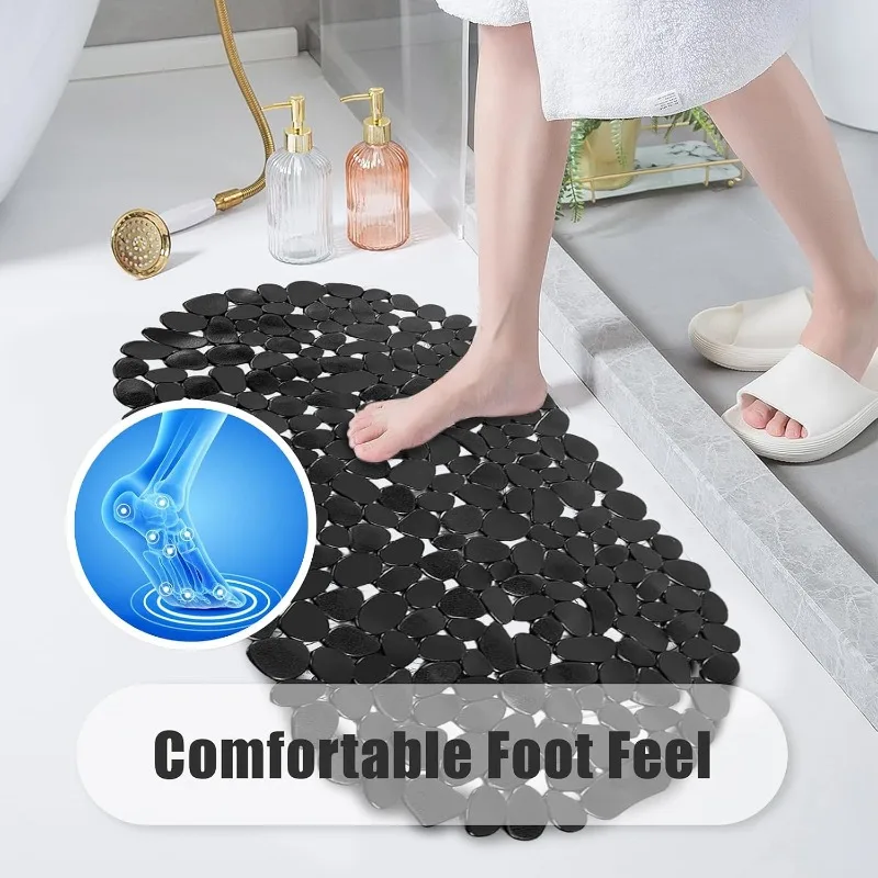 69x36cm Shower Mat Non Slip and Mildew Proof PVC Oval Pebble Bath Mat with Strong Suction Cups and Drainage Holes for Bathroom