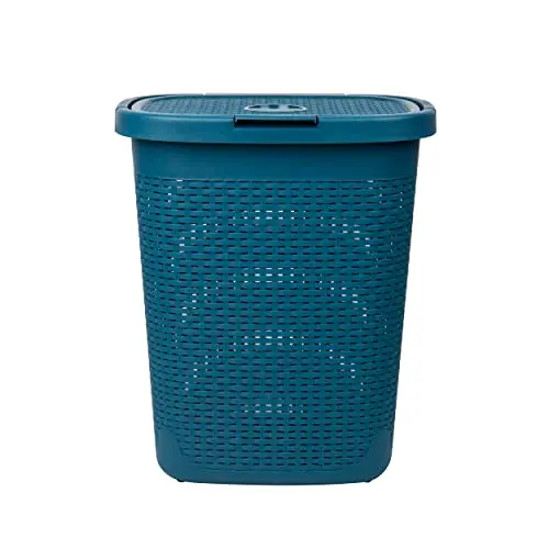 

Blue 50L Vertical Plastic Laundry Hamper Featuring Woven Texture, Snap-Closure Lid, And Integrated Handles — Two Pack