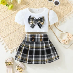 Puff Sleeve Bow Top and Elastic Pleated Skirt Summer Outfit Toddler Infant Clothing Set Kids Wear Ootd For Baby Girl