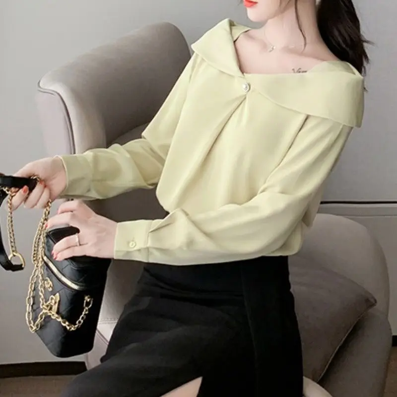 Temperament Fashion Button Ornament Blouse New Classic Long Sleeve Slim Slash Neck Autumn All-match Chiffon Pullover Shirt 2023