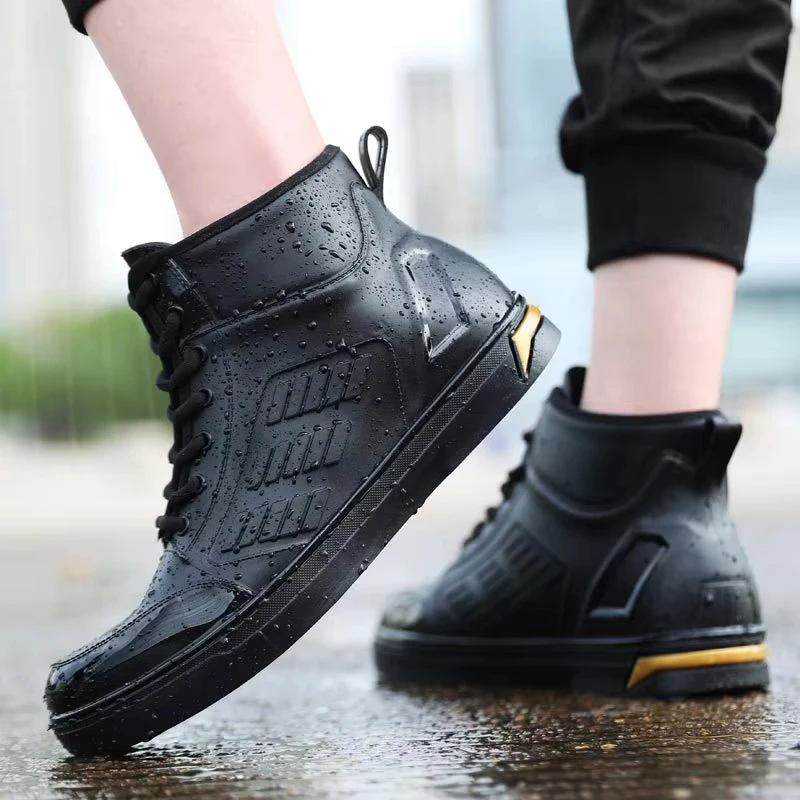 Men Rian Shoes Lace-Up High Top Ankle Boots Fashion Short Boots Thick Soles Black Green Waterproof Rain Boots Men Solid 레인부츠 남성