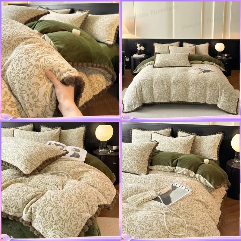 French rabbit hairball carved milk fleece four-piece set, winter thickened coral fleece quilt cover, bed sheet, bed hat
