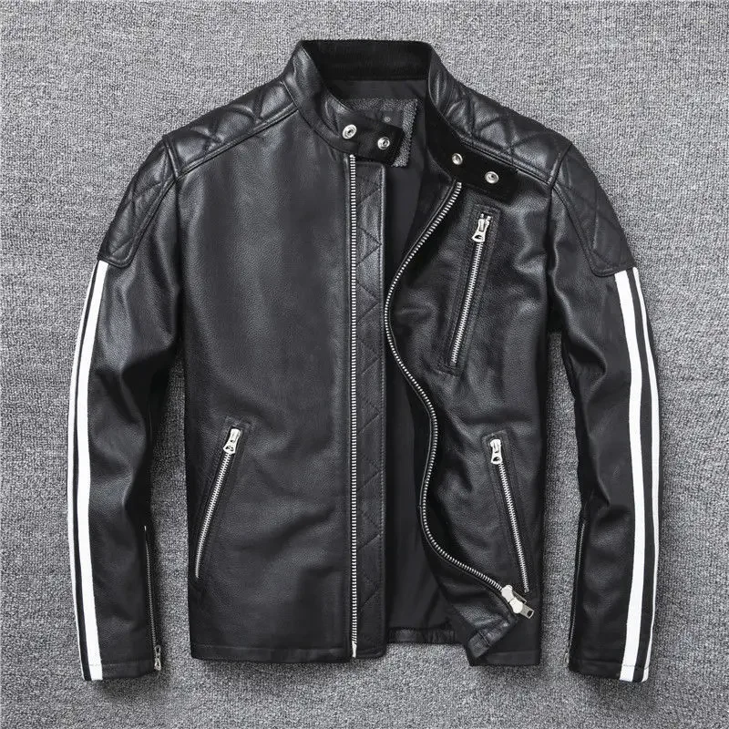 Cowhide Leather Jacket Man Short Fashion Handsome Men's Genuine Leather Jacket Spring Autumn Oblique Zipper Motorcycle Coat Male