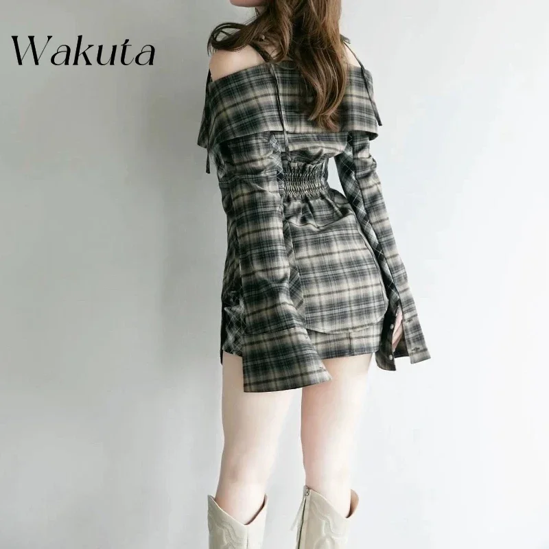 WAKUTA Japanese Niche Pure Desire Strapless Straps One-shoulder Plaid Vestidos Casual Sweet Shirt Lady Mini Dresses فساتين ٢٠٢٢