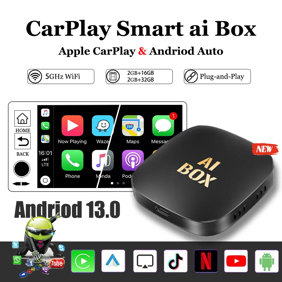 

2024 New CarPlay Smart Ai Box Android 13 Apple CarPlay & Andriod Auto 3IN1 Built-in Google Appstore Youtube Netflix Auto Parts