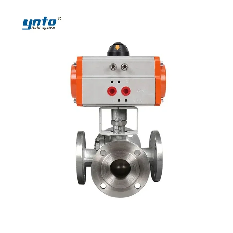 YNTO Custom DN150 6 inch Double Flanged Stainless Steel Ball Valve Air Control Flange 3 Way Ball Valve with Pneumatic Actuator