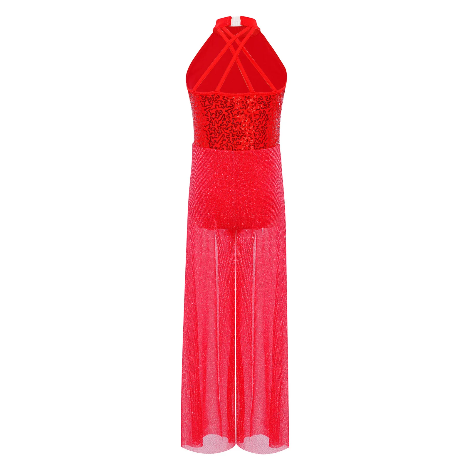 Kids Girls Lyrical Jazz Dance Performance Jumpsuit Sleeveless Shiny Sequins Bodice Shimmery Mesh Split Wide-Leg Bodysuit