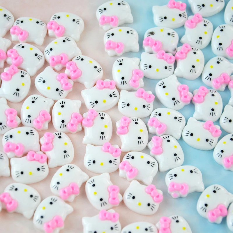 200pcs Resin Pink Bow Kitty 15MM Kawaii Kitten Flat Back Cabochon DIY Nail Art Decoration Scrapbook Embellishment