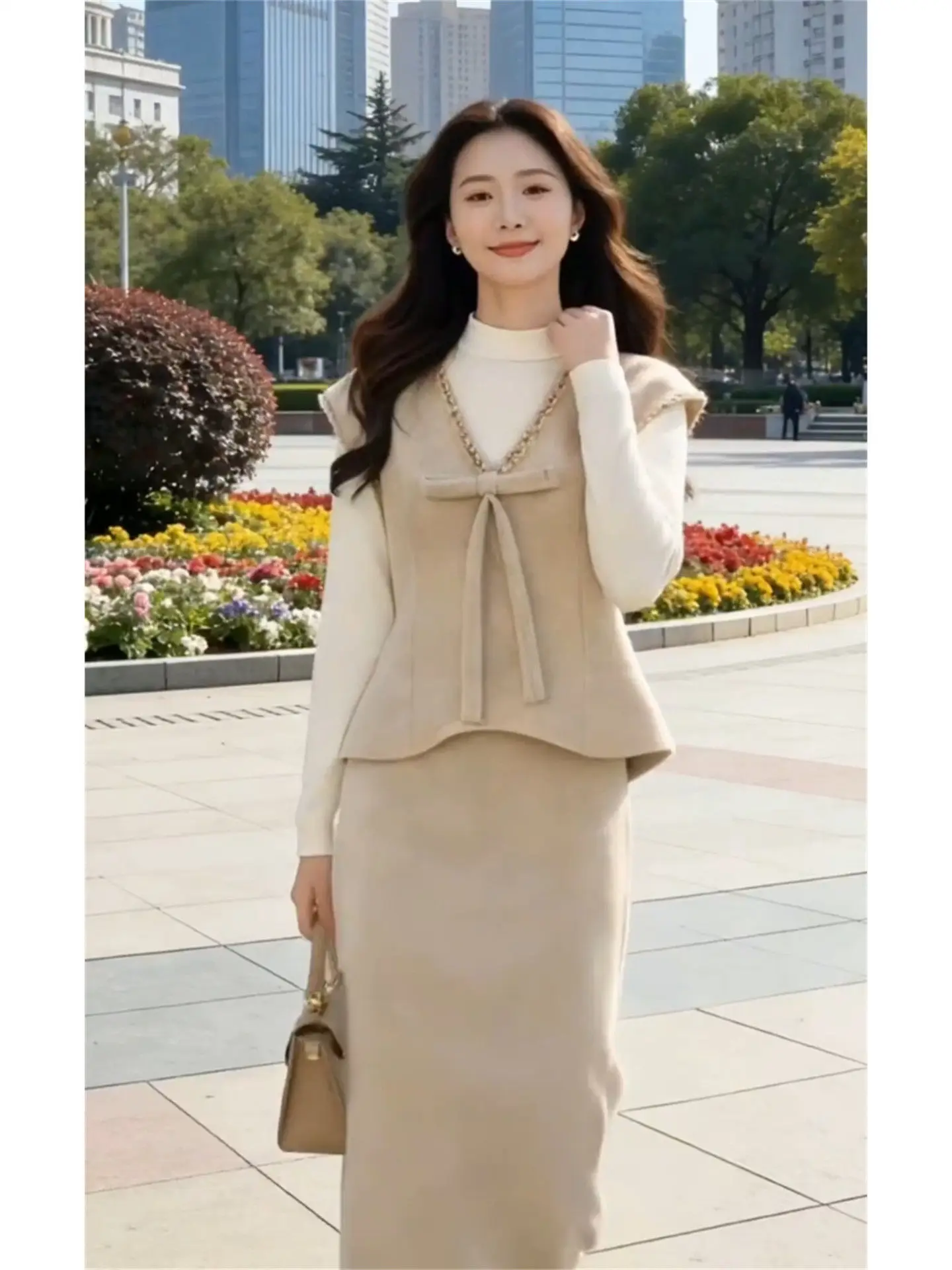 

Faionable Knot Vest Set Women's Casual Sle Spring New f Skirt Two-Piece Suit Slimming High Waist round Ne ...